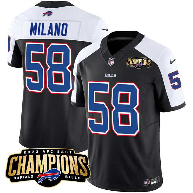 Men & Women & Youth Buffalo Bills #58 Matt Milano Black White 2023 F.U.S.E. AFC East Champions With 4-star C Ptach Stitched Jersey->buffalo bills->NFL Jersey